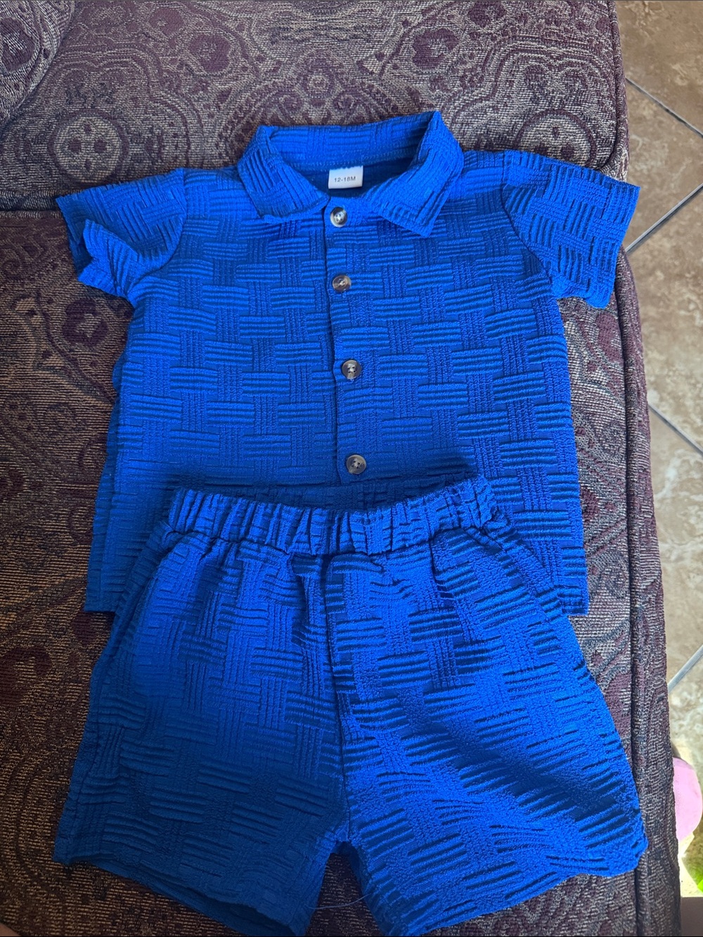 SHEIN Royal Blue Textured Button-Down Shirt & Shorts Set